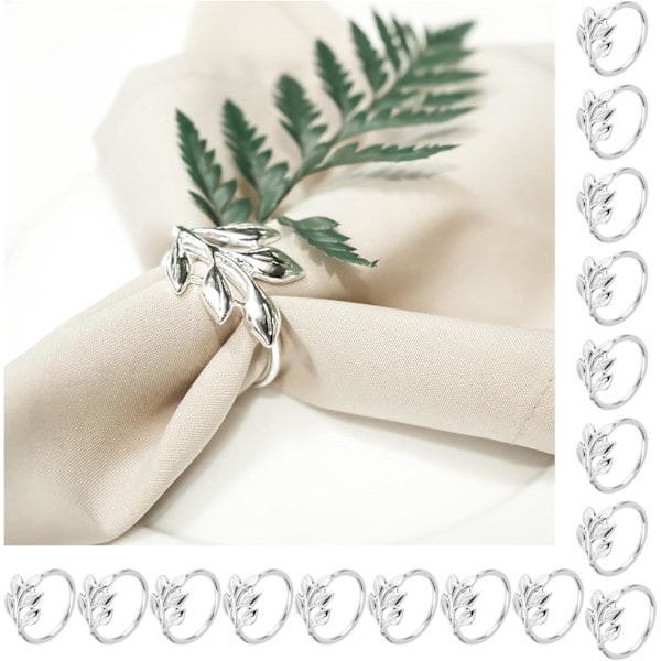16 stk Sølv Servietringer, Metall Servietspenner, Blad Servietringer, Elegante Servietringer, Servietringer for Familiemiddag, Hjeminnredning