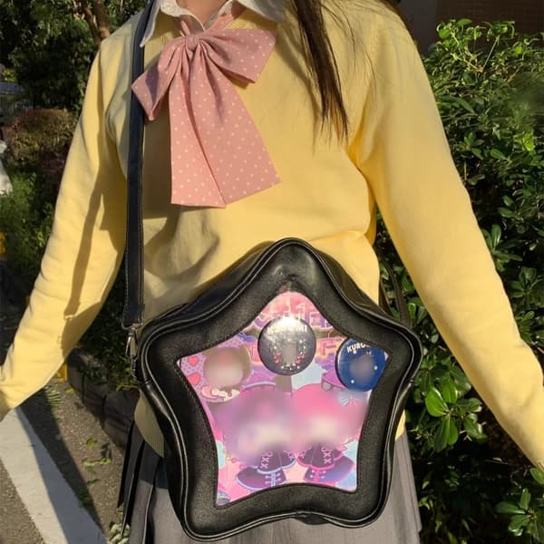 Stjerneformet Ita Taske Sort - PU Læder - Pin Display & Flere Bæremåder - 30cm×27cm×8cm