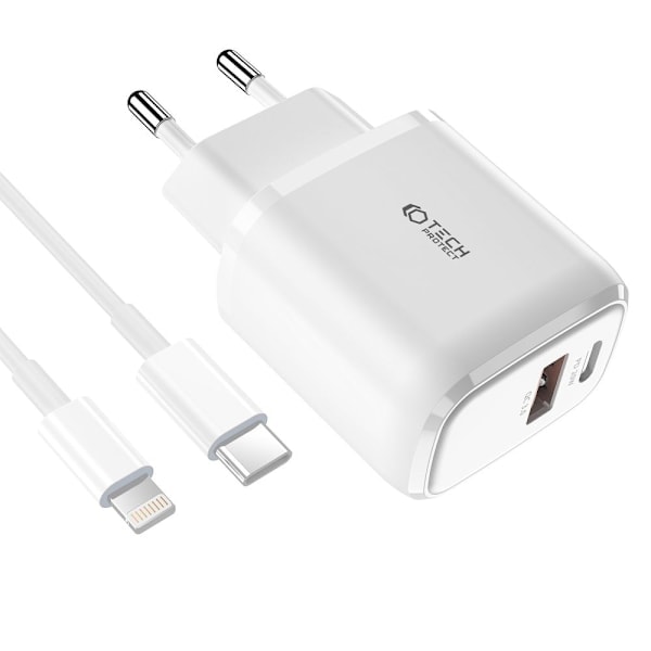 Tech-Protect 20W Seinälaturi PD Sis. USB-C - Lightning Kaapelin Valkoinen