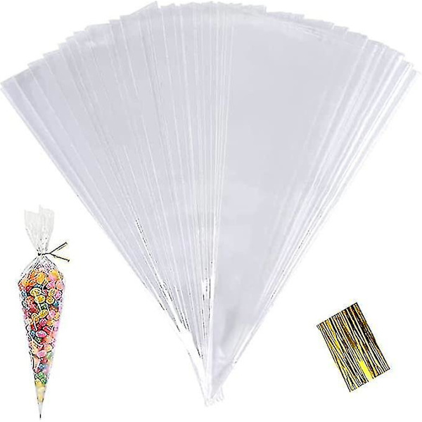100 stk. klare kegleposer, slikcellofanposer, 25x13 cm plastik sliktrekantposer med twistbånd til mad-
