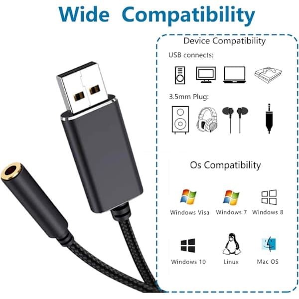 USB-lydadapter, USB til 3,5 mm lydkontaktadapter, USB ekstern
