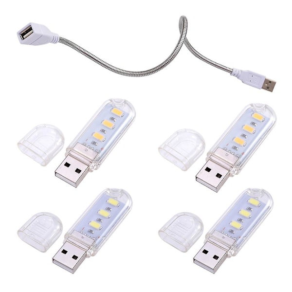 5 st LED nattlampa USB-tangentbord Laptoplampa Läslampa Bärbar Mini Bordlampa (2 st 3 LED med vitt ljus och 2 st 3 LED med varmt ljus