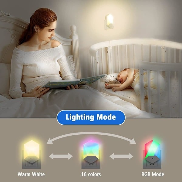 2-pak LED-natlampe til børn, plug-and-play, med fjernbetjening, 16 farver, justerbar RGB-lysstyrke, dæmpbar natlampe