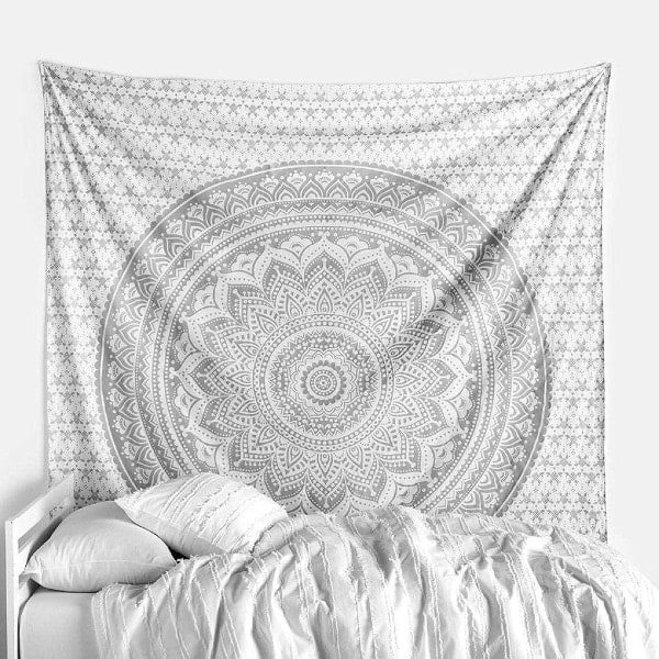 Metallisk silver Mandala väggbonader i gobeläng grå, Hippie gobelänger Boho Dekor, Yoga meditationsmatta mattor