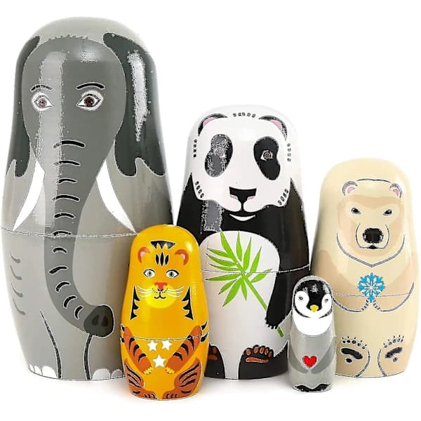 {PL} Håndlavede Træfugle Nesting Dolls Elefant Panda Nesting Dolls - 5 Stykker
