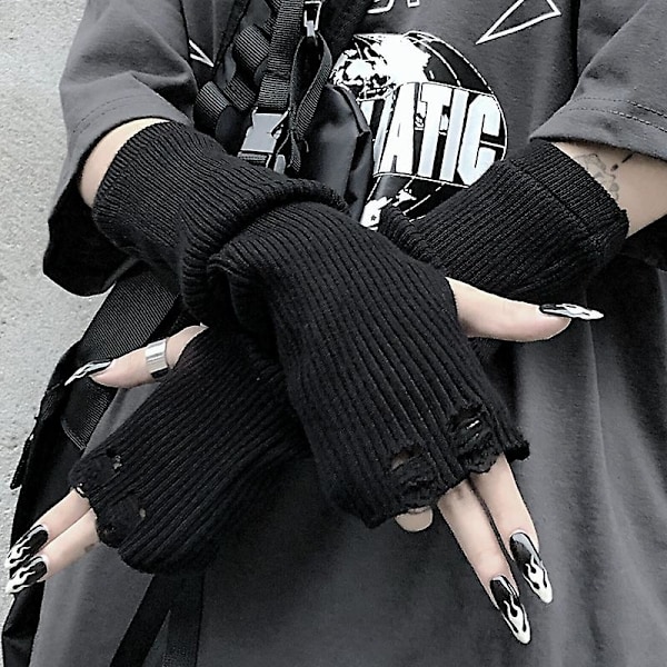 Dam Fingerlösa Svarta Stickade Vantar med Rivna Hål - Gothic Punk Stil