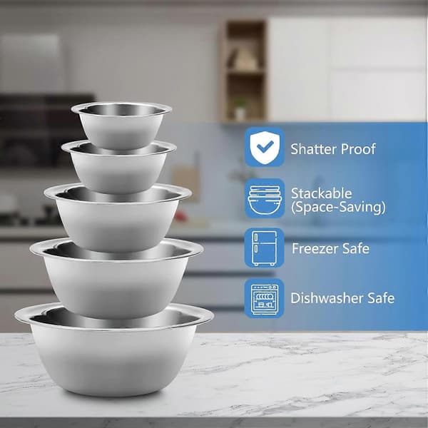 Rustfrie boller, sett med 5, stabelbar design for matlaging og baking