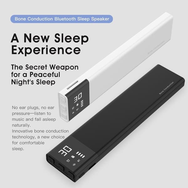 Under-pude søvnhøjttaler med knogleledning, Bluetooth hvid støj, 36 søvnlyde, display, timer, til sidesovere, sort