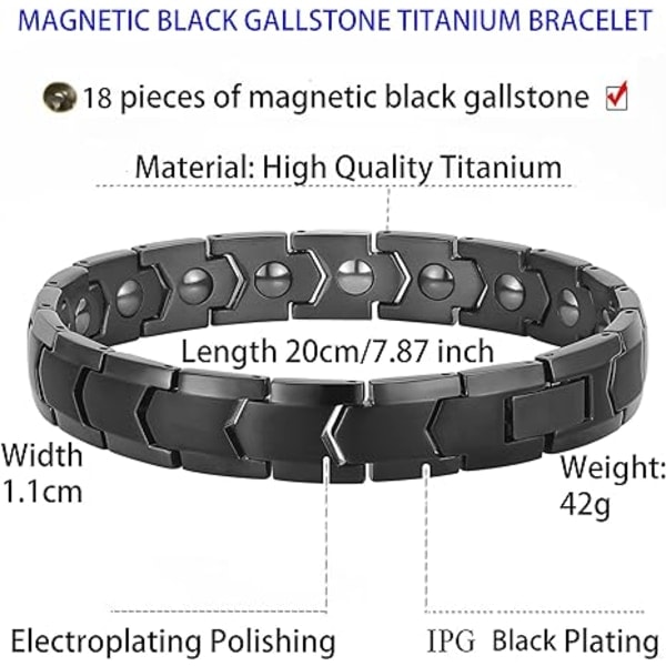Magnetisk armbånd, magnetisk terapiarmbånd i titaniumstål, fuldt magnetisk armbånd med 18 magneter (sort)
