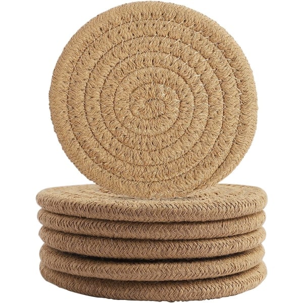 6 stk kaffefargede drikkebrikker, 11,5 cm runde vevde brikker Vannabsorpsjon Vevd drikkebrikke Varmebestandig brikke