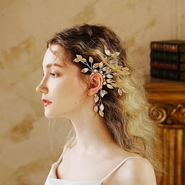 Elver-ører Manchetter Clip-on Øreringe til Kvinder Guld, Blade Engelvinger Øremanchetter, Fe-Elver Ører, Blomster Øreringe til Halloween Elver Pige Fest Bryllup