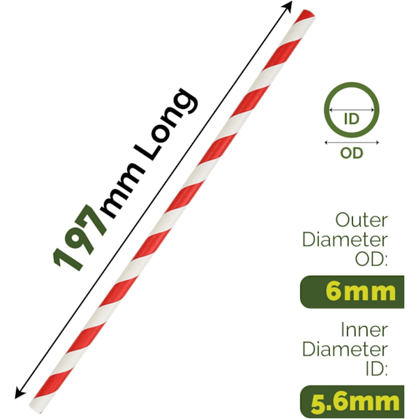 Engangs papirsugerør i bulk, 100 stykker, rød/hvite striper, 19,7x0,6 cm - Miljøvennlige sugerør