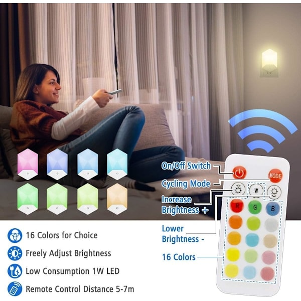 2-pak LED-natlampe til børn, plug-and-play, med fjernbetjening, 16 farver, justerbar RGB-lysstyrke, dæmpbar natlampe