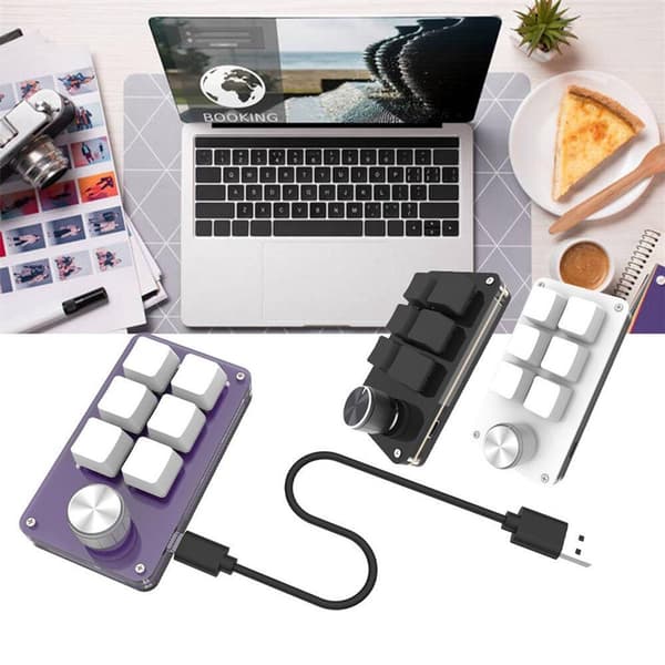 Mini 6-tasters programmerbart mekanisk USB-tastatur med brugerdefinerede genveje og drejeknap til Windows, Linux og macOS, sort