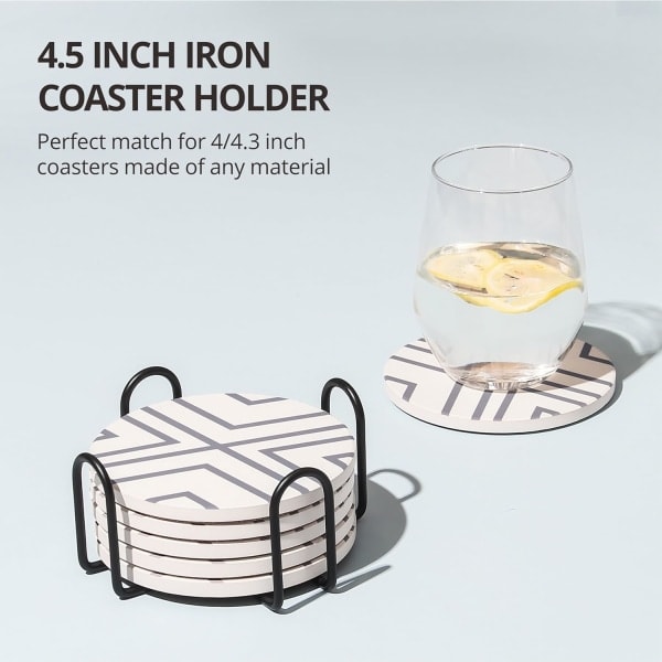 Minimalistisk sort jernmetal coasterholder til både runde og firkantede coasters