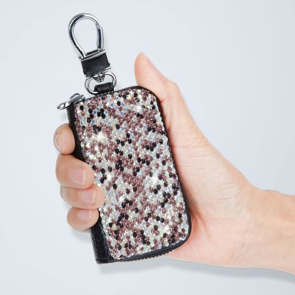 Bling Kristall Bilnyckelfodral Äkta Läder Auto Smart Nyckelring Hållare Metallkrok och Nyckelring Dragkedjeväska för Fjärrkontroll