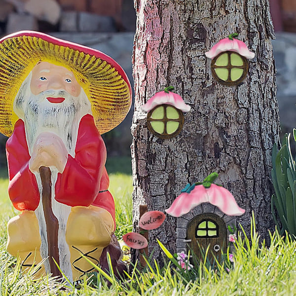Miniature Elverdør og Vinduesæt til Træer, Elverdør til Have, Vindue til Træ, Selvlysende Have, Elverhavedekor