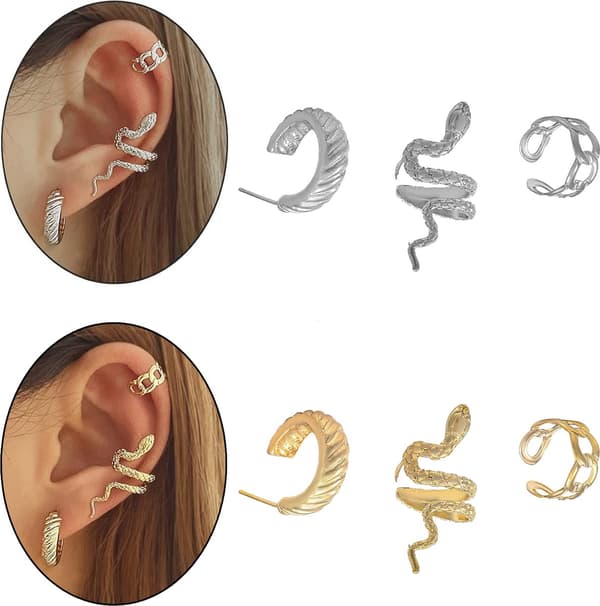 Clip-On Örhängen, Falsk Helix Orm, C-formad Guld & Silver, Set om 6
