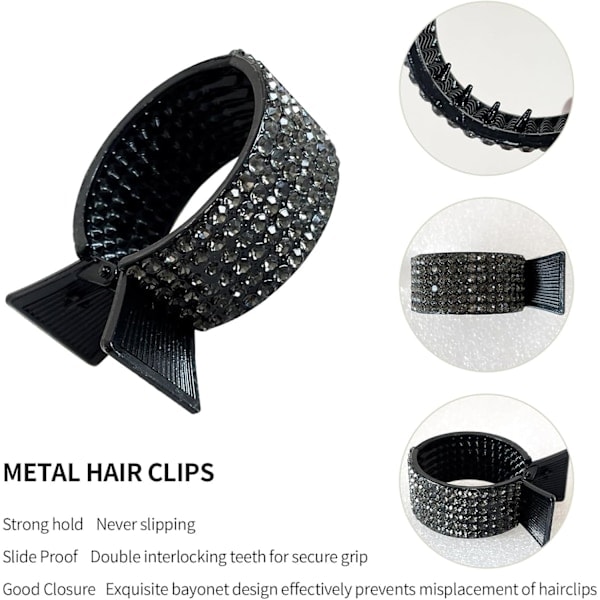 3 st Metall Strass Hästsvansklämmor för Hårstyling, Modeaccessoarer, Höga Hästsvansar, Tjockt Hår (Svart)