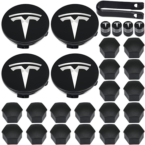 Hjulkapselsett, Tesla navkapsel senterkopper navmutterkopper for Tesla Model 3, Model Y, Model S, Model X, sølvfarget logo