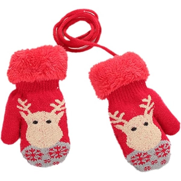 Barnestrikkehansker Jul Termiske Hansker for Barn Plysjfôrede Hansker Vinter Varme Hansker med Anti-mistet Snor for Gutter Jenter Alder 1-5