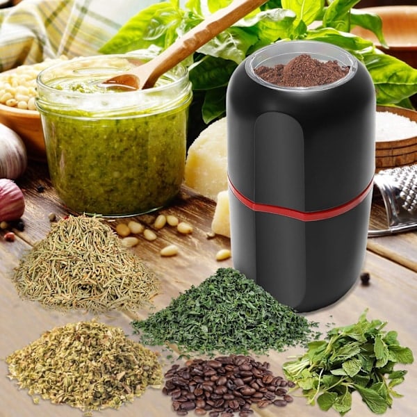 Elektrisk kaffekvarn, liten kaffebönkvarn/kaffeblandare/kaffekvarn för kryddor, mat, nötter, örter med rengöringsborste - svart