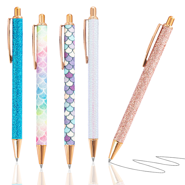 Metal indtrækkelige kuglepenne sæt, 5 stk metalglitter sorte blækpenne, 1,0 mm komfortabel skrivepen, havfruebølgemotiv Stilfuld pen til kvinder