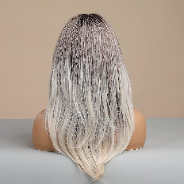 Lang Lagdelt Ombre Grå Parykker For Kvinner, 22 tommer Ombre Grå Side Skill Parykk Syntetisk Parykk, Skulderlang Parykk
