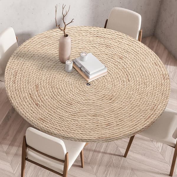 Rund duk med elastisk kant, vaskbar polyester, 3D rottingdesign, for innendørs og utendørs servering, 90 cm