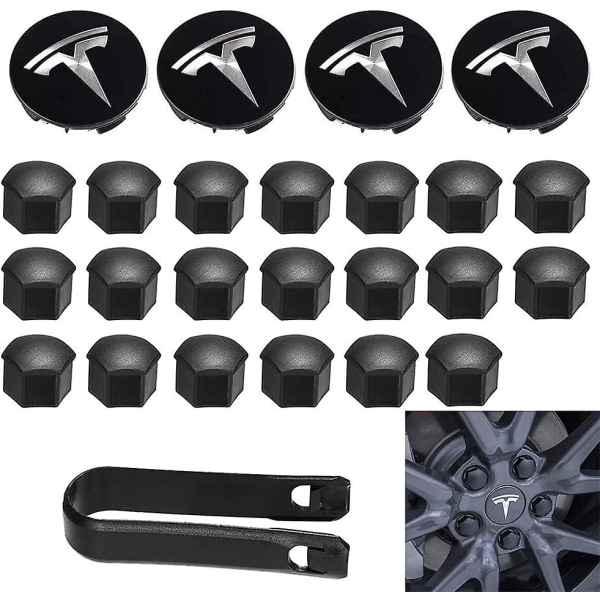 Tesla Model 3 Model Y Aero Wheel Cap Kit med logotyp - svart
