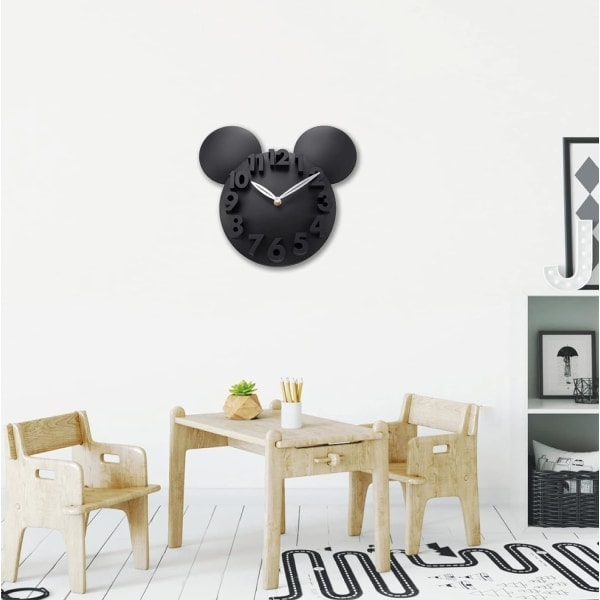 Moderne 3D Mickey Mouse Ur Super Søde Sorte Vægure til Disney Fans Børneværelse Skole Studenter, Højde: 12 Tommer