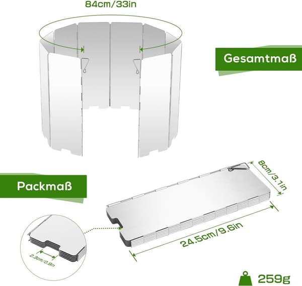Campingkök Vindskydd, Vikbart Skärm i Aluminiumlegering med Bärväska, 10 Paneler, för Camping, Vandring och Backpacking, Silver