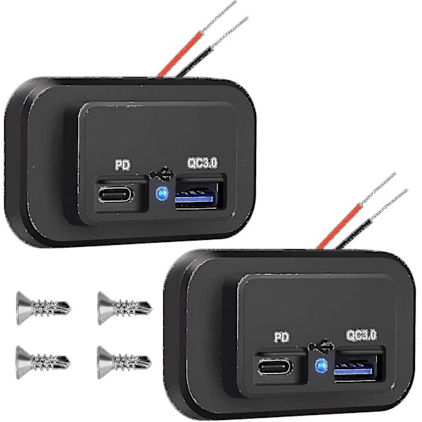 2 st 12V USB-uttag, Dubbel snabbladdning 3.0 12V uttag USB-laddare & PD Typ-C (USB-C), 12V 24V USB-laddare Vattentät strömuttagsadapter Bil Laddare