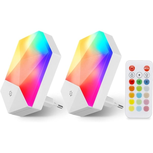 2-pak LED-natlampe til børn, plug-and-play, med fjernbetjening, 16 farver, justerbar RGB-lysstyrke, dæmpbar natlampe