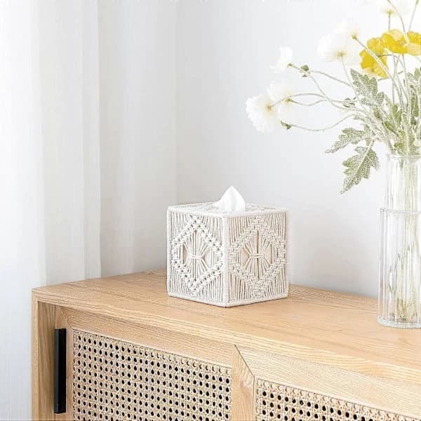 {PL} Makramé Tissue Box Öppen Botten Tissue Box Boho Dekor Bohemisk Tissue Organizer Handgjord Tissue Box för Badrum Sovrum