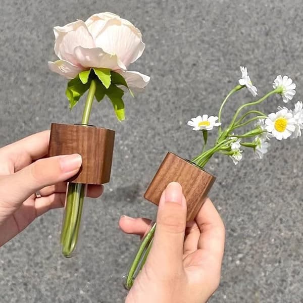 Magnetiske vaser til køleskab - Sæt med 2 - Valnøddetræ & Glas - Minivase til blomster