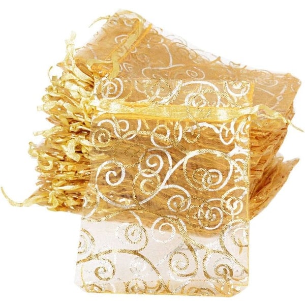 100 kpl Organza-pusseja kiristysnyörillä, korujen lahjapusseja häihin, jouluun, festivaaleihin, juhliin (Kultainen kuvioitu valkoinen)
