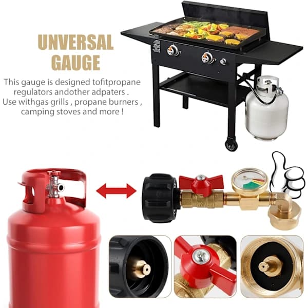 Propanpåfyllingsadapter 20lb til 1lb med ventil og måler, solid messing 90 graders tankadapter for campinggriller og -ovner