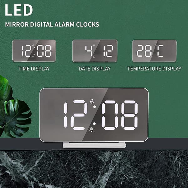 Digital väckarklocka, LED-display väckarklocka, silverfärgad spegelyta