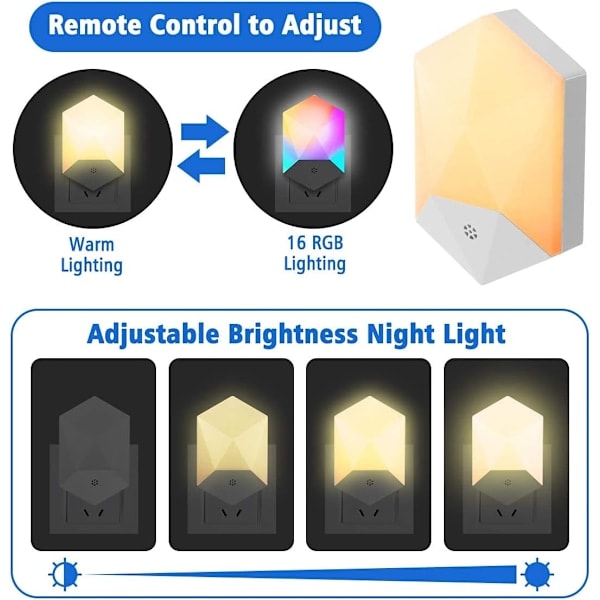2-pakning LED-nattlampe for barn, plug-and-play, med fjernkontroll, 16 farger, justerbar RGB-lysstyrke, dimbar nattlampe
