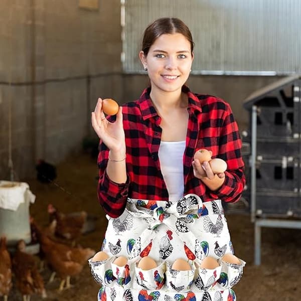Egg Collection Apron, Polyester, 12 Deep Pockets, Hands-Free Egg Holder For Chicken Keepers And Farmers, White Rooster Print