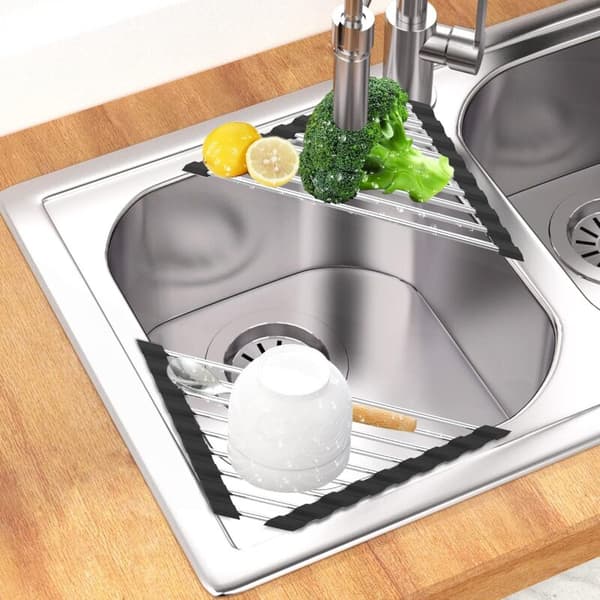 Black Dish Drying Rack for Sink Foldable Removable Stainless Steel Sink Drain Roll Rack 41CM 15CM Triangular 2PCS