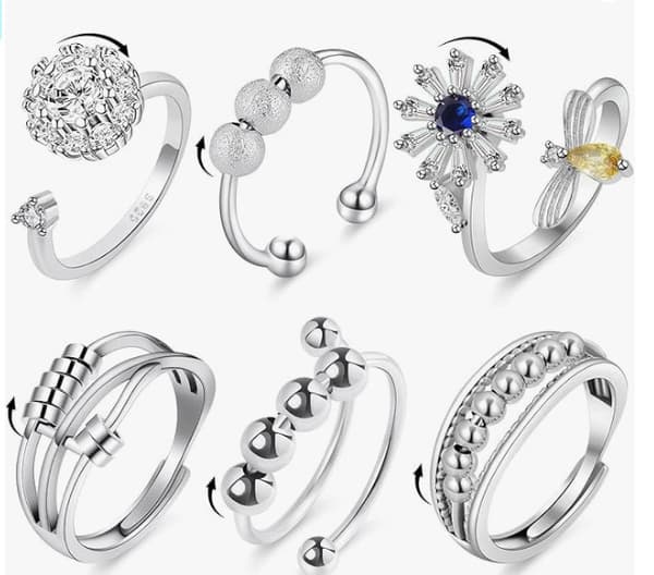 [PLEE] 6 stk. Fidget Angstringe Justerbare ringe sæt Justerbare ringe Fidget ringe Angstperleringe, Stabelbare