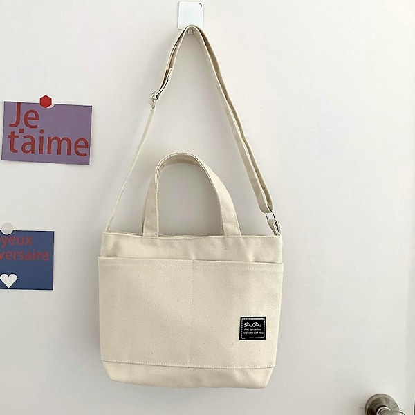 Canvas tote taske ny taske dame messenger taske stor kapacitet canvas taske, 1 stk - hvid