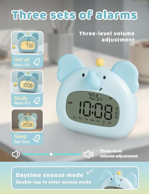 Børnevækkeur, Elefant Natlampe, Digital Søvntræner Med LED Display, 3 Alarmer, Nedtællingstimer, Genopladelig, Blå