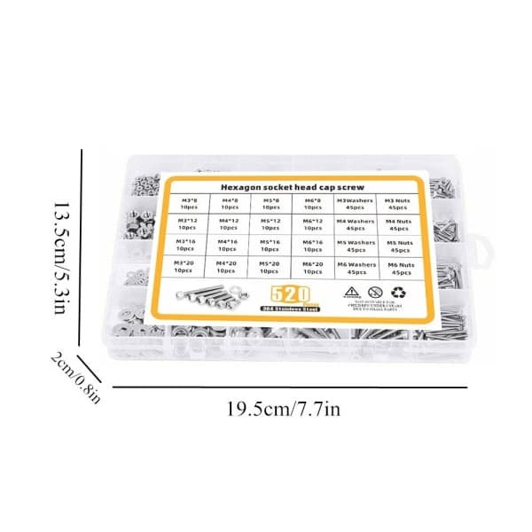 520 st Metriska bultar Sortiment Bultar Muttrar och brickor Kit Hex