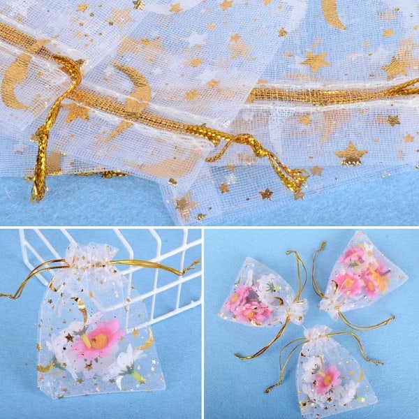 100 stk små organzaposer med snøring, stjerne og måne, organzaposer for julefester, bryllupsgaver, godteposer, smykkeposer, 9 x 12 cm