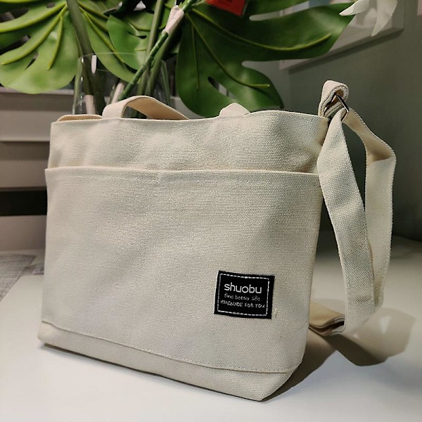 Canvas tote taske ny taske dame messenger taske stor kapacitet canvas taske, 1 stk - hvid