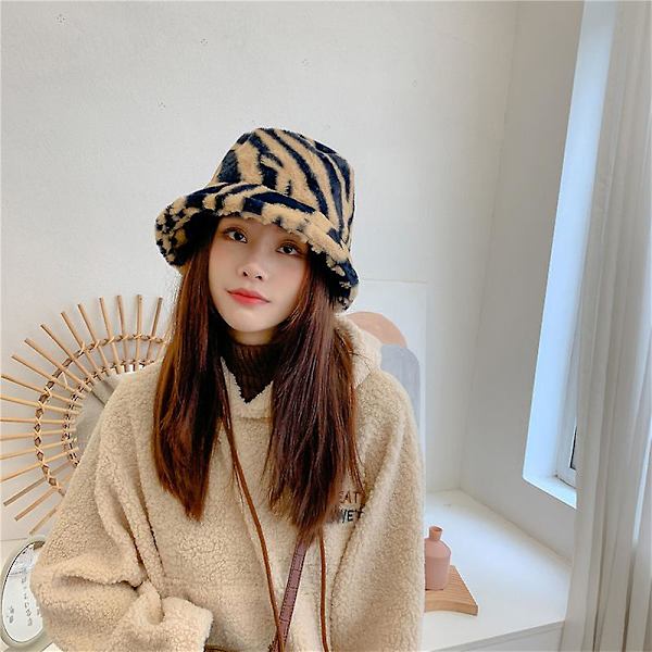 Fuzz Bucket Hat för Kvinnor, Vinter Faux Bucket Hat Svart Ull Fluffig Plysch Bucket Hat Tjock Fiskehatt Randig Khaki och Svart One Size för Alla