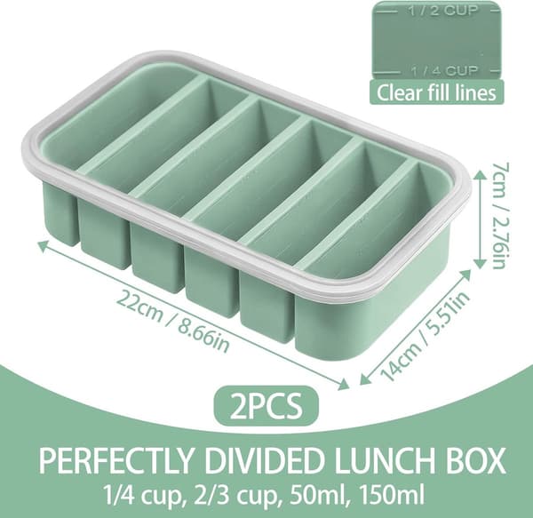 Silikonsoppfrysförpackning med lock 2-pack, 6-portions isbitsform med mått för såsbuljong barnmat, grön